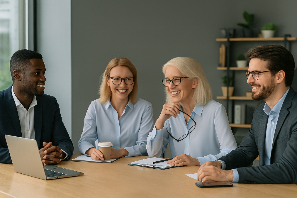 Réunion de collaborateurs autour d’une table représentant un comité d’entreprise MAAF en pleine discussion stratégique